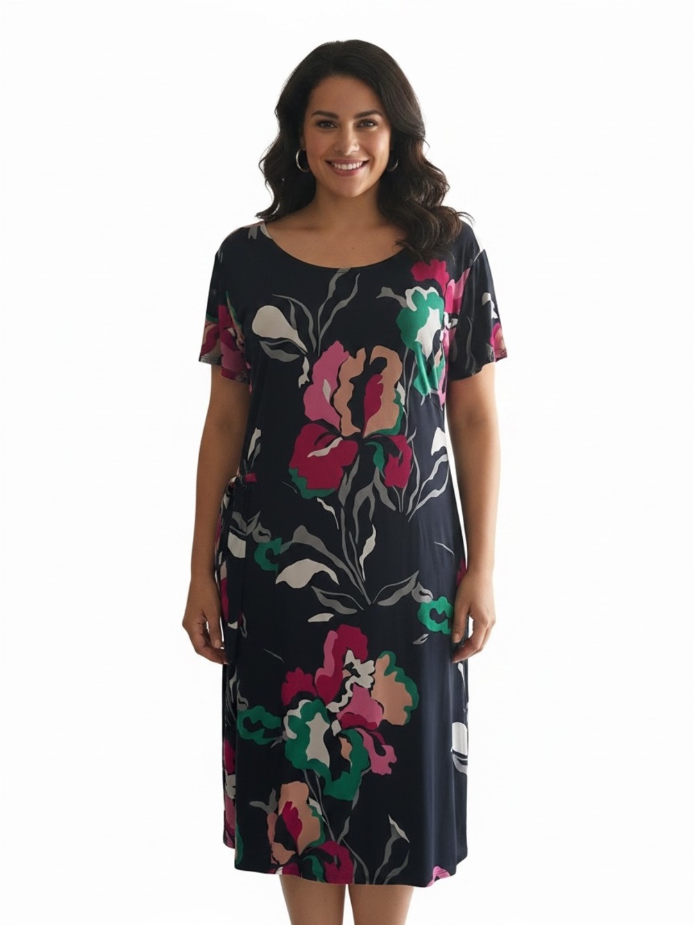 Robbie Bee Black Floral High-Low Dress with Pink and Green Accents